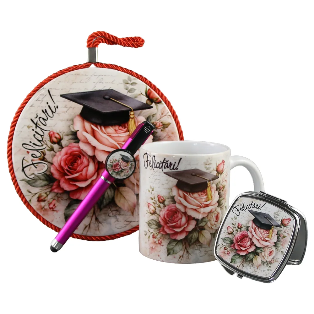 Set cadou absolvire "Felicitari!" - cana ceramica, oglinda, pix touchscreen si decor perete, cu punga cadou