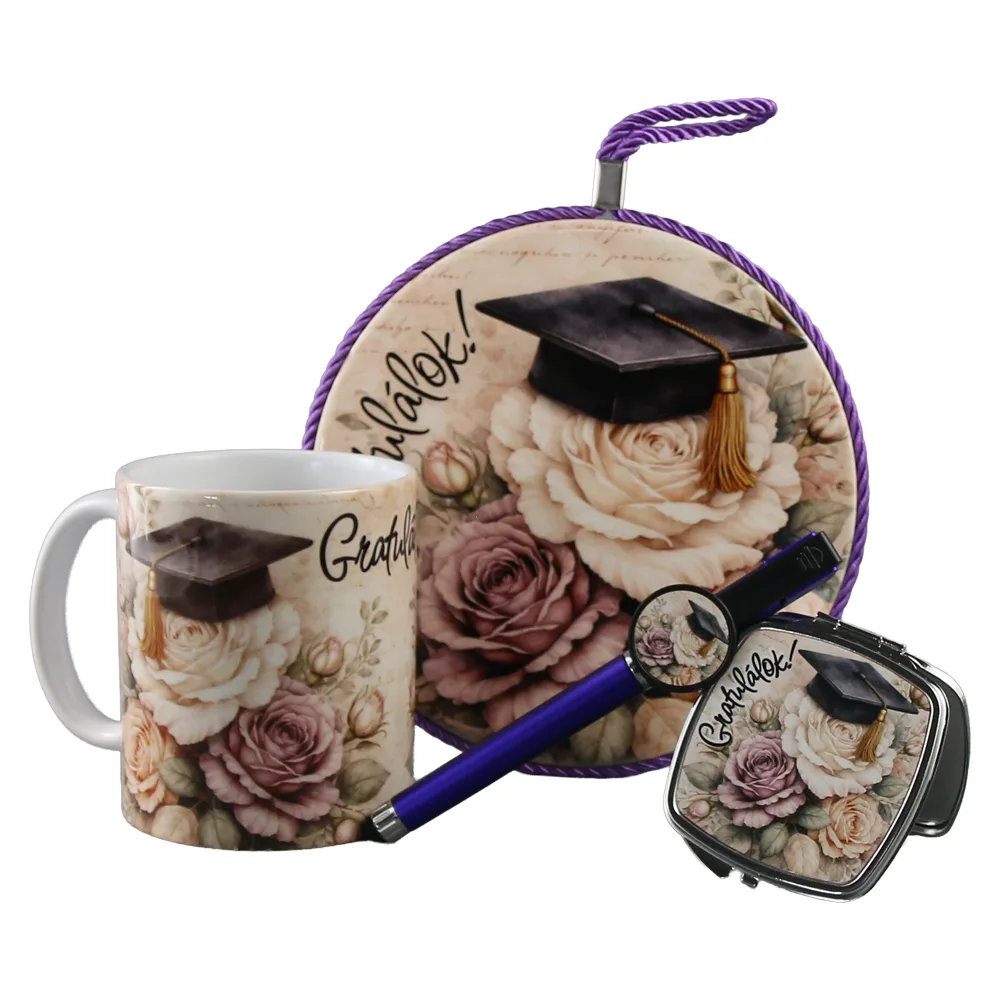 Set cadou absolvire "Gratulalok" - cana ceramica, oglinda, pix touchscreen si decor perete, cu punga cadou - imagine 2