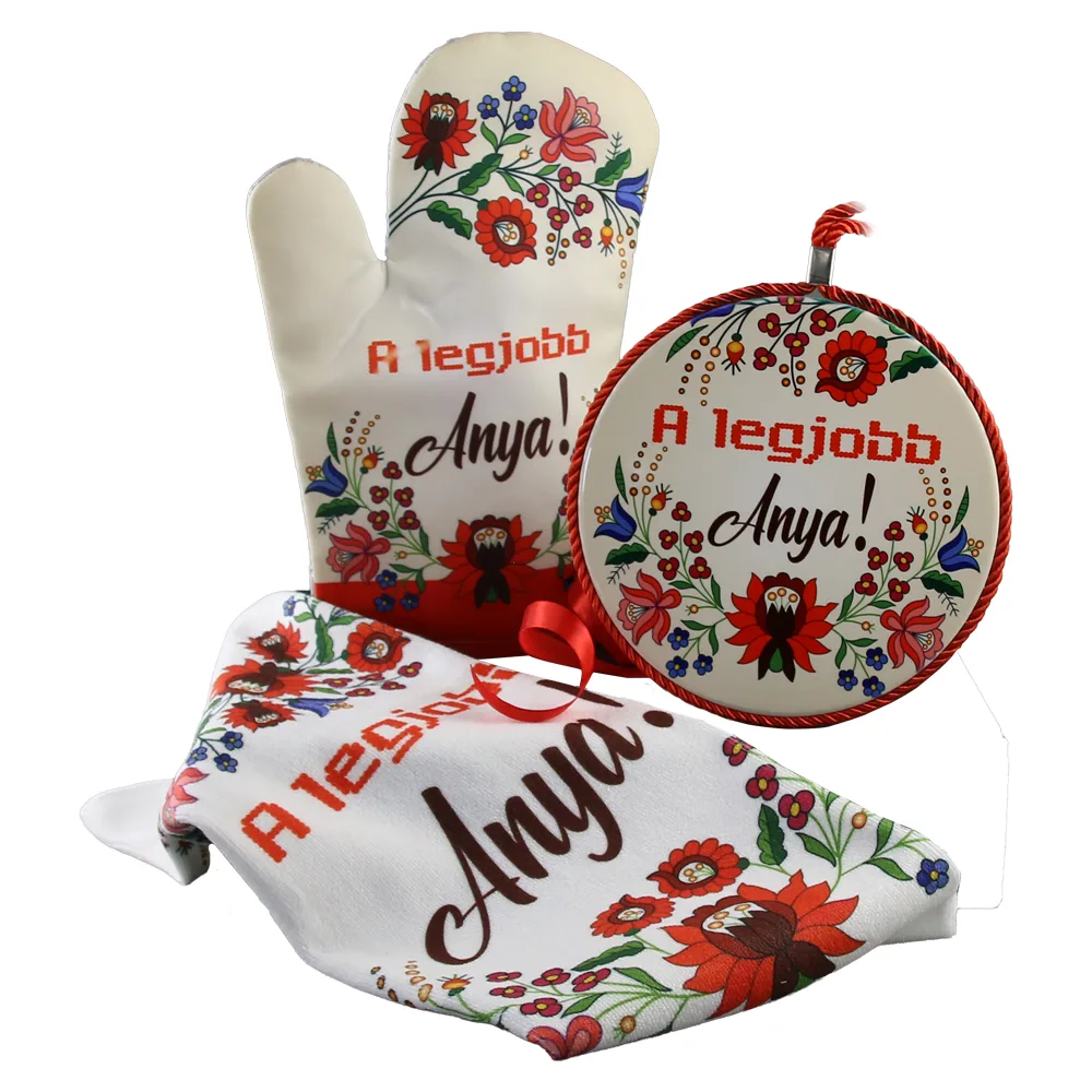 Set cadou "A legjobb Anya!" - suport oale, manusa si suport bucatarie, cu punga cadou - imagine 2