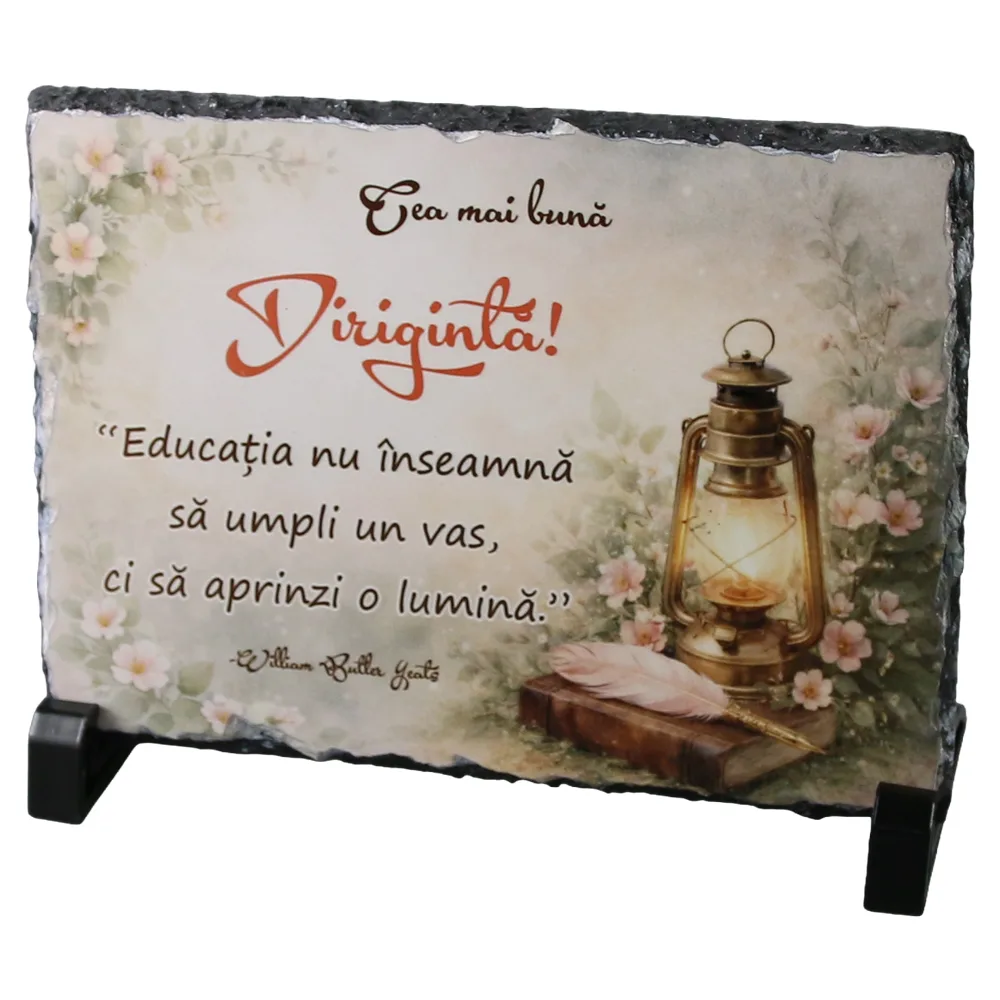 Placa din ardezie "Cea mai buna Diriginta..." 19 x 14 cm cu suporturi din plastic