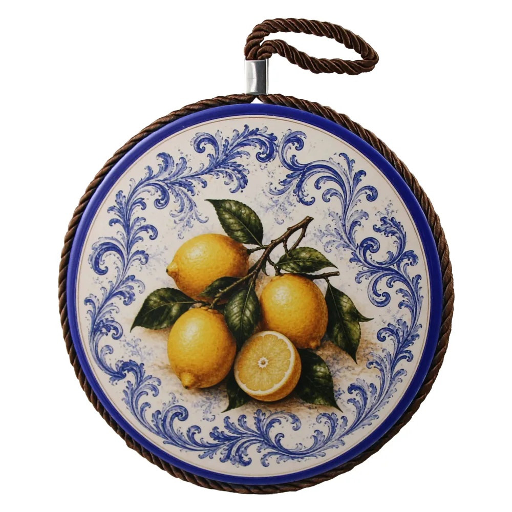 Decor de perete rotund din ceramica 17 cm decor cu lamai, albastru