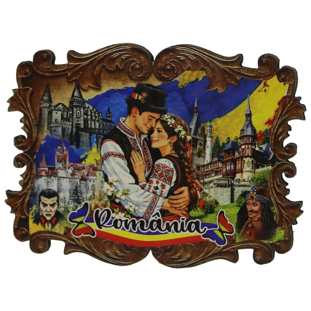Magnet de frigider din placaj Romania 8 x 6 cm cuplu si orase