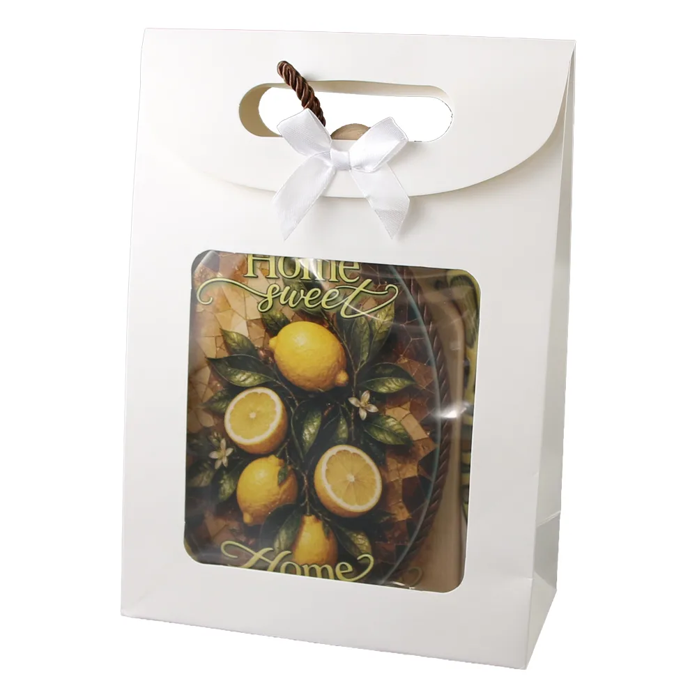 Set cadou "Home Sweet Home" lamaie - suport pentru oale, tocator si prosop de bucatarie + punga cadou - imagine 2