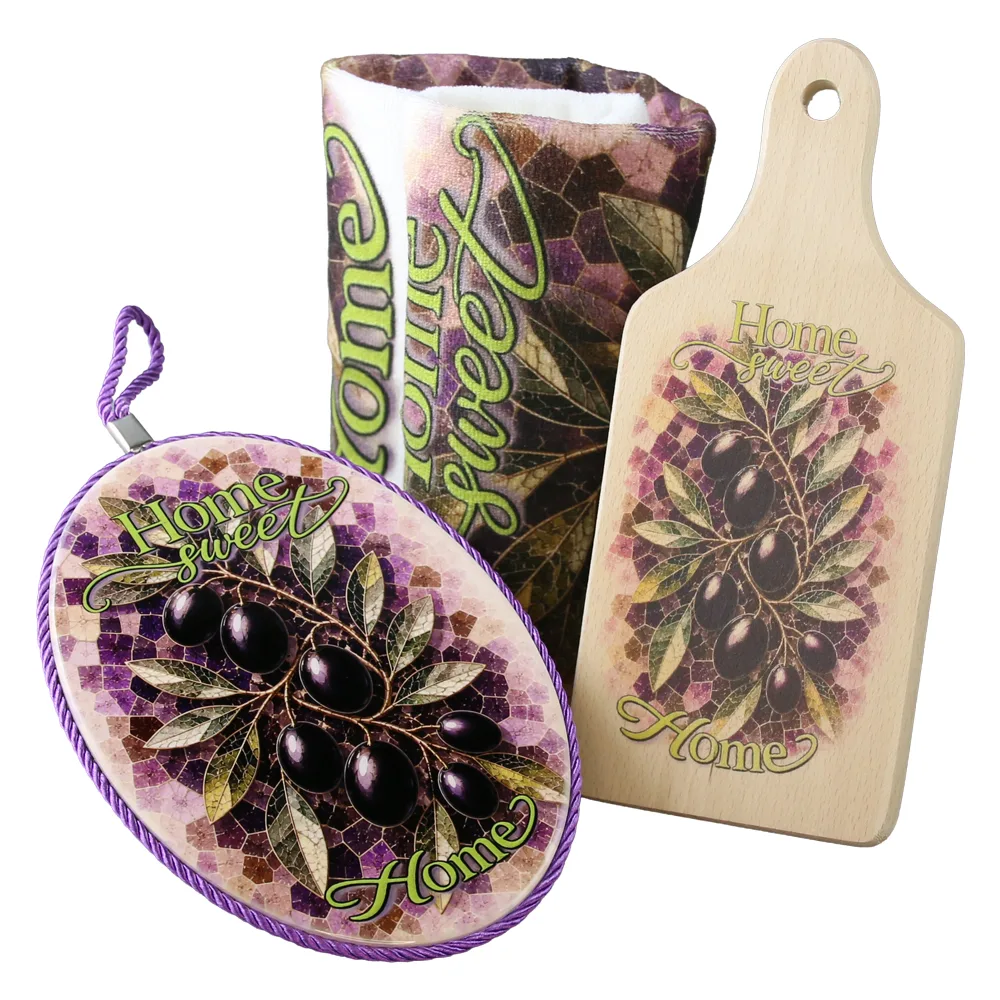 Set cadou "Home Sweet Home" masline negre - suport pentru oale, tocator si prosop de bucatarie + punga cadou