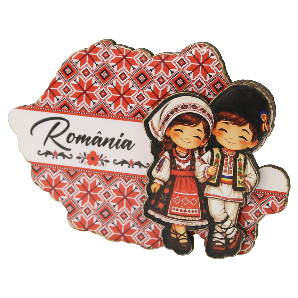 Magnet de frigider din lemn "Romania" 10 x 7 cm Copii in port popular