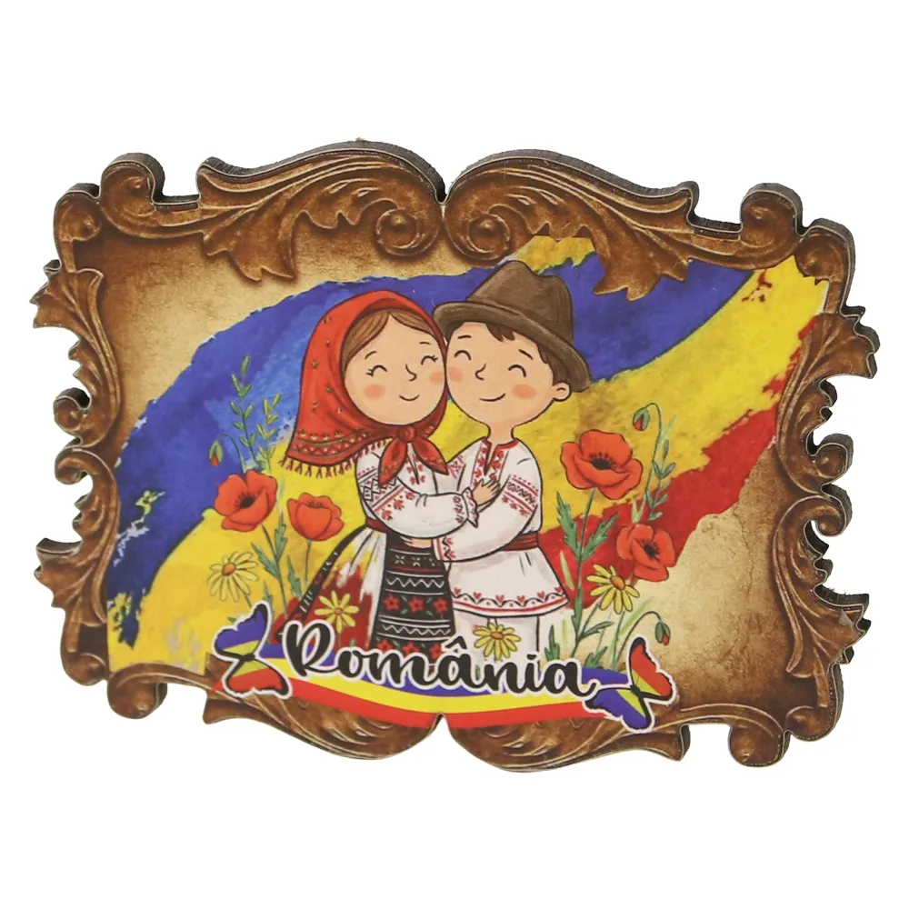 Magnet de frigider din placaj Romania 8 x 6 cm cuplu cu maci
