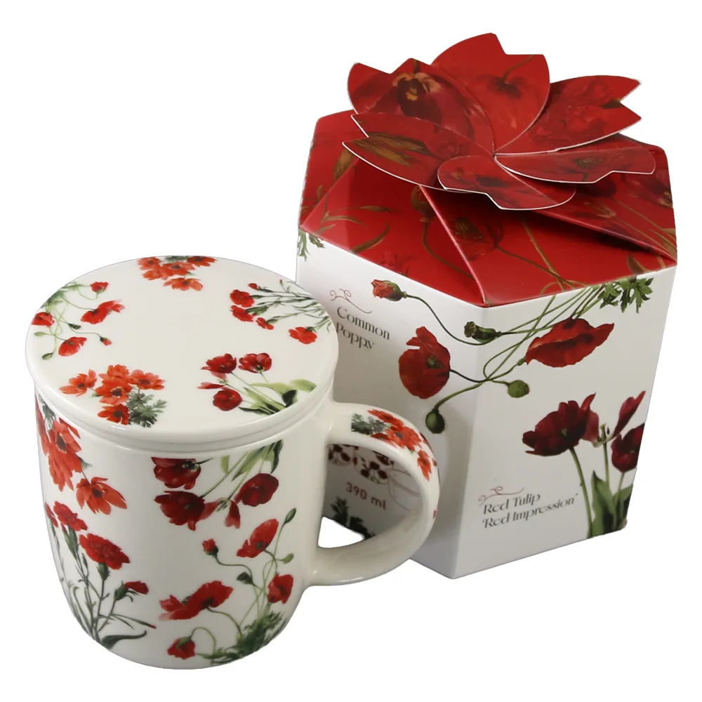 Cana portelan cu infuzor si capac "Red Flowers" 400 ml, in cutie decorativa - imagine 3