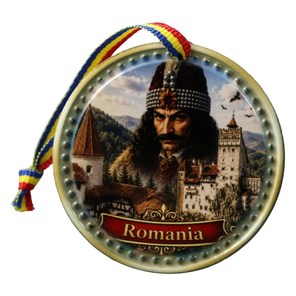 Magnet de frigider rotund din ceramica Castelul Bran 6.5 cm, Vlad Tepes