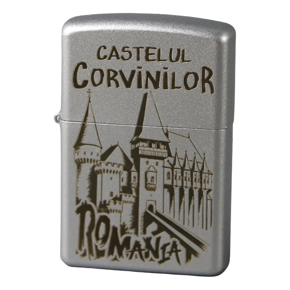 Bricheta metalica gravata Castelul Corvinilor 3.5 x 5.5 cm, argintie