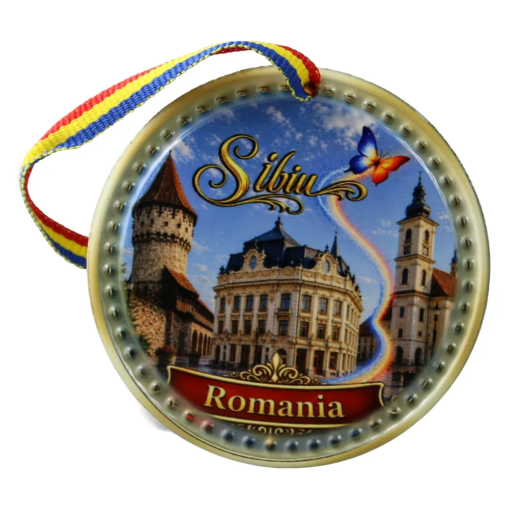 Magnet de frigider rotund din ceramica Sibiu 6.5 cm, Romania