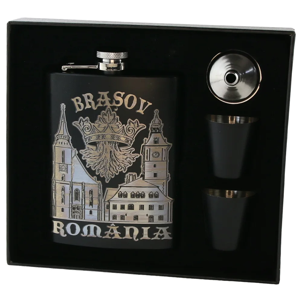Set cadou Romania plosca gravata 220 ml cu palnie si 2 pahare Brasov - imagine 2