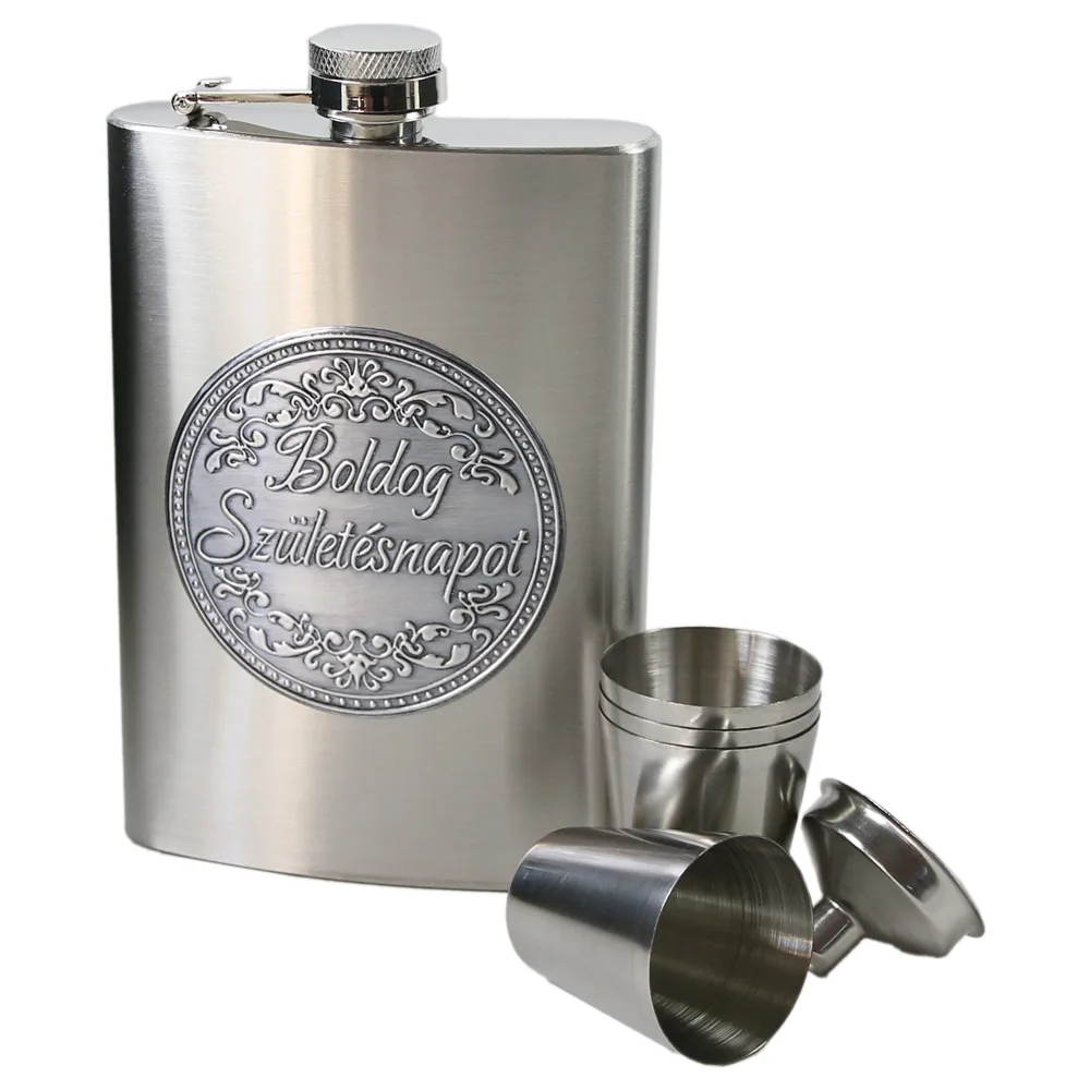 Set plosca metalica 220 ml cu 4 pahare, palnie si mesaj in relief "Boldog szuletesnapot", argintie