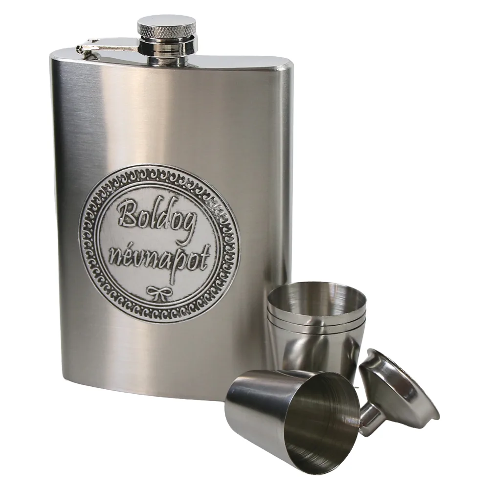 Set plosca metalica 220 ml cu 4 pahare, palnie si mesaj in relief "Boldog nevnapot", argintie
