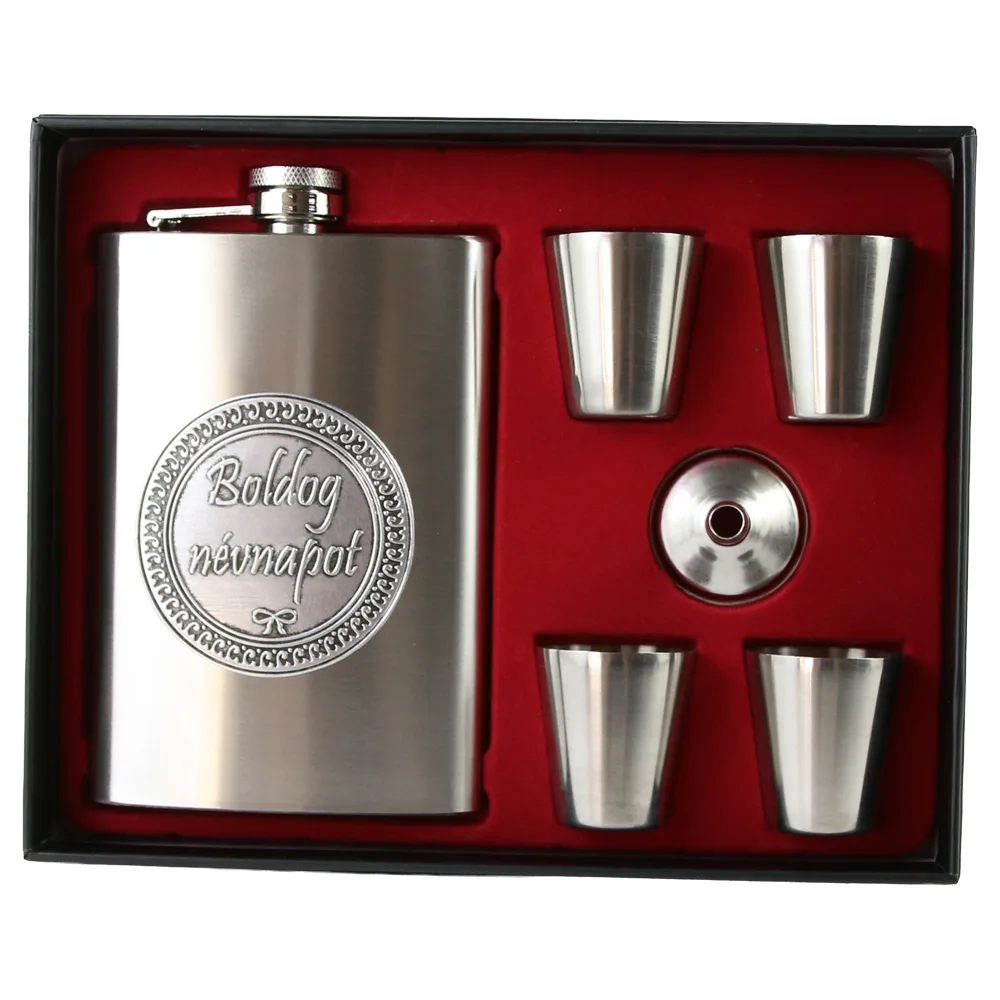 Set plosca metalica 220 ml cu 4 pahare, palnie si mesaj in relief "Boldog nevnapot", argintie - imagine 2