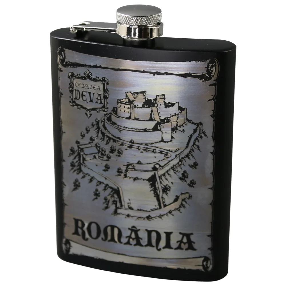 Plosca metalica gravata Cetatea Deva 220 ml, Romania