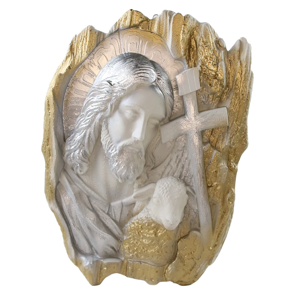 Placheta din ipsos Isus cu miel si cruce 22 x 30 cm, auriu-argintiu