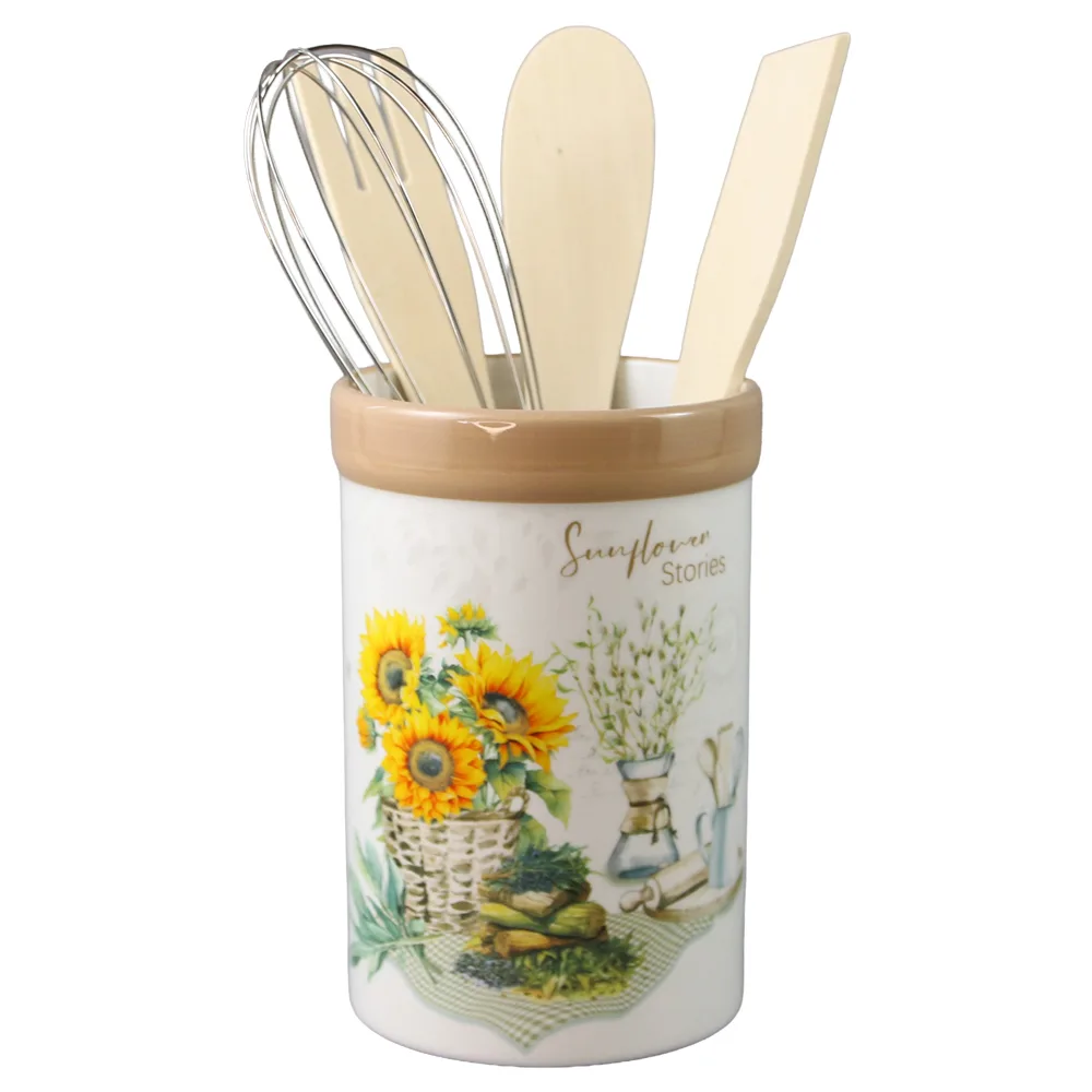 Suport ceramic Floarea soarelui cu 4 ustensile de bucatarie 8.5 x 13 cm, Sunflower Stories