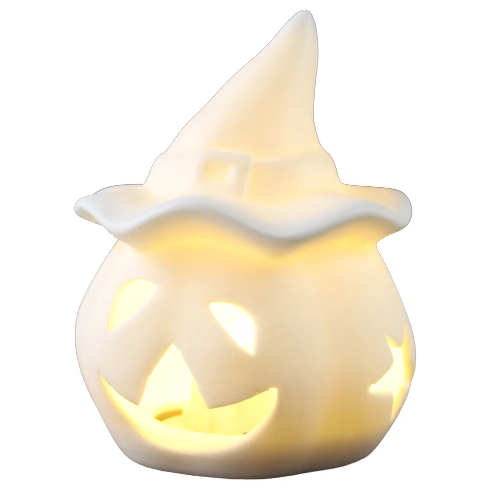 Figurina Halloween din portelan alb cu LED Dovleac cu palarie 7 x 9 cm - imagine 2