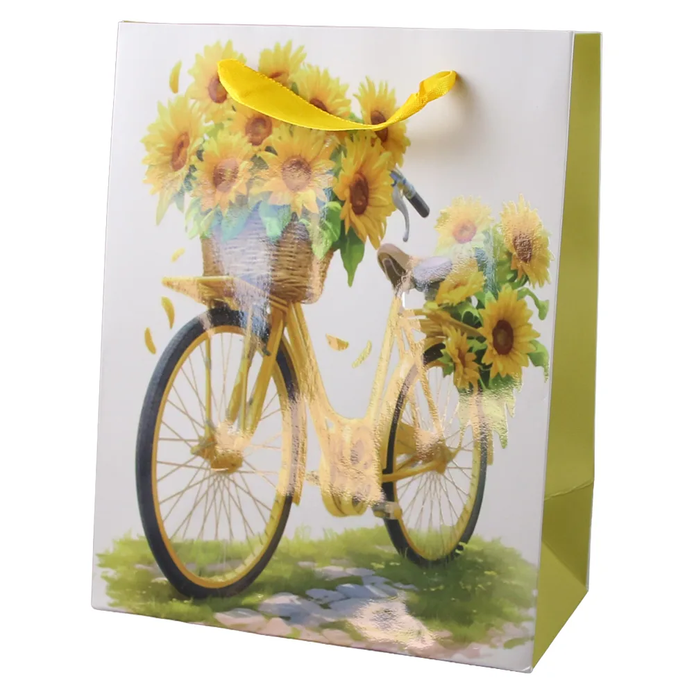 Punga cadou din hartie 18 x 23 cm, bicicleta cu floarea-soarelui
