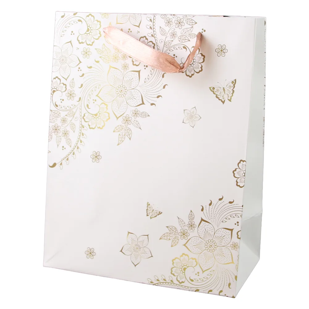 Punga cadou din hartie 18 x 23 cm, cu flori aurii