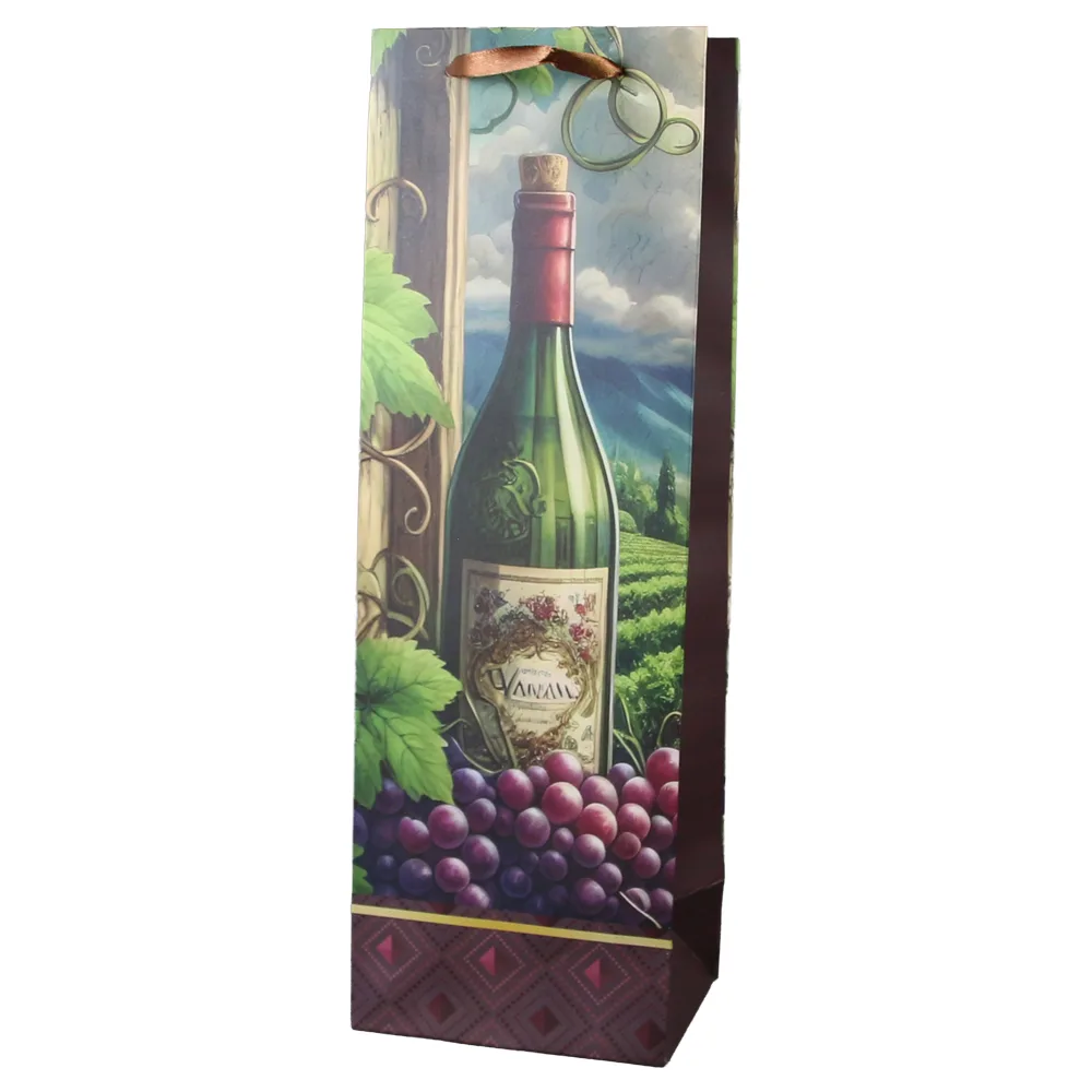 Punga cadou pentru bauturi din hartie 12 x 36 cm, struguri si vin