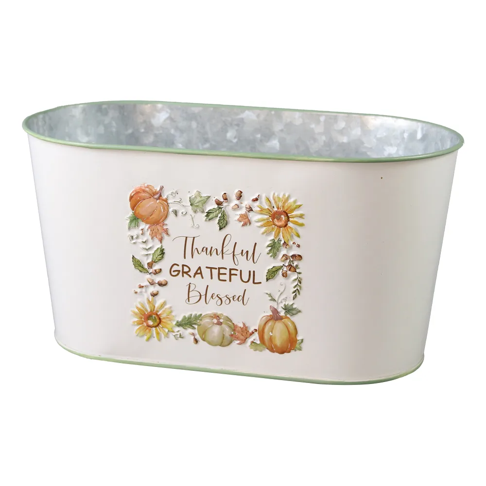 Ghiveci oval decorativa din metal "Thankful, Grateful, Blessed" 22.5 x 11.5 x 12 cm