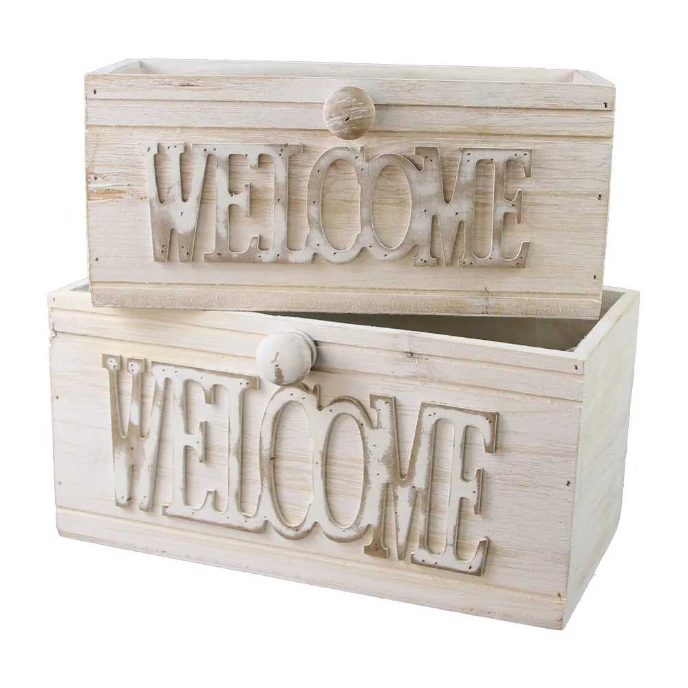 Set 2 ghivece decorative din lemn "Welcome" 27 x 13.5 x 13 cm, alb antichizat