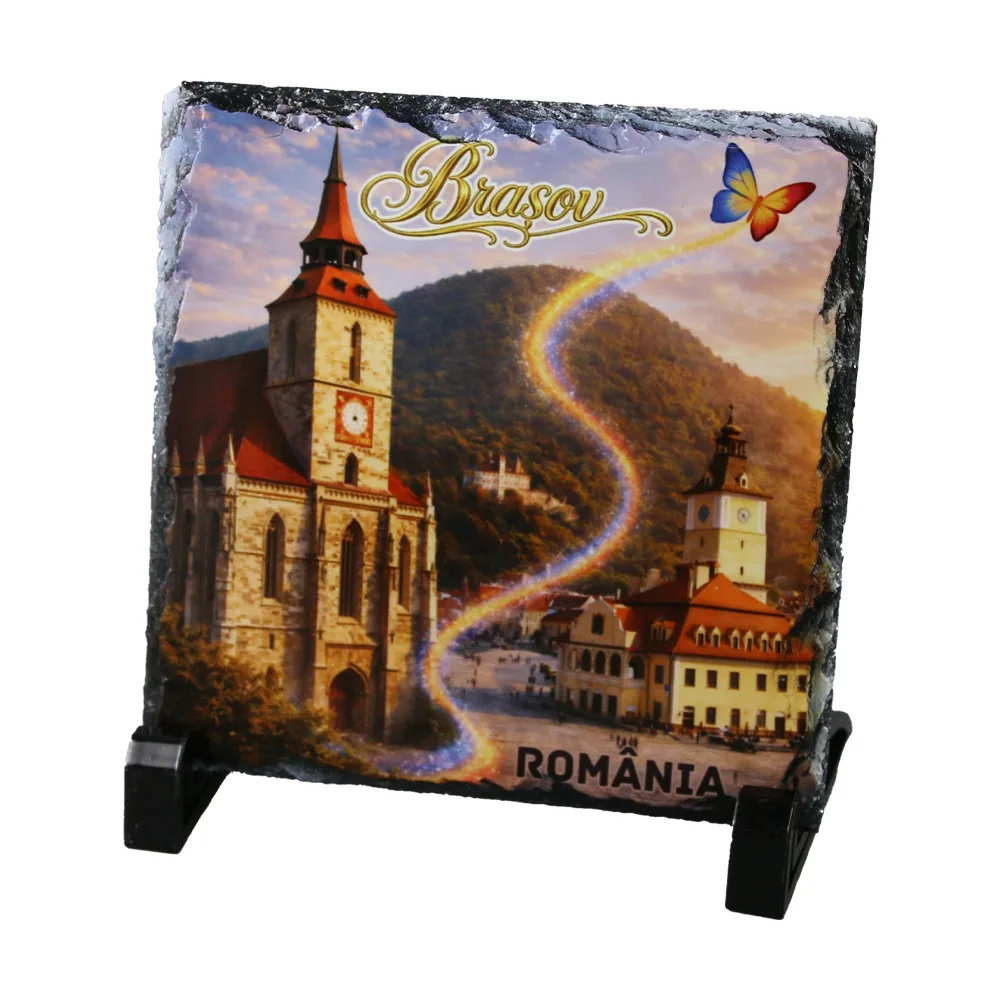 Placa din ardezie Brasov 14 x 14 cm, Romania cu fluture