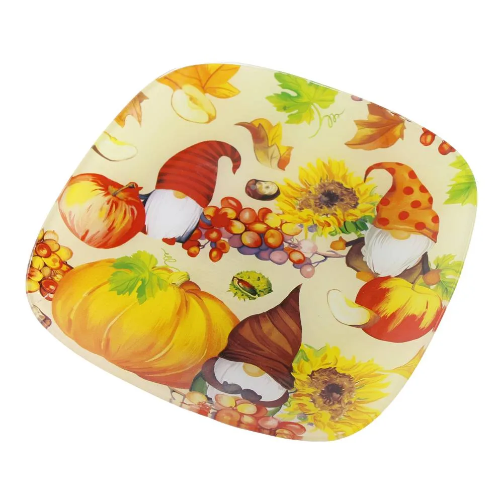 Farfurie din sticla cu decor de toamna si spiridusi 20 x 20 cm