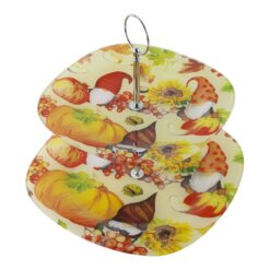 Platou etajat din sticla cu 2 nivele, decor de toamna cu spiridusi 25/20 cm