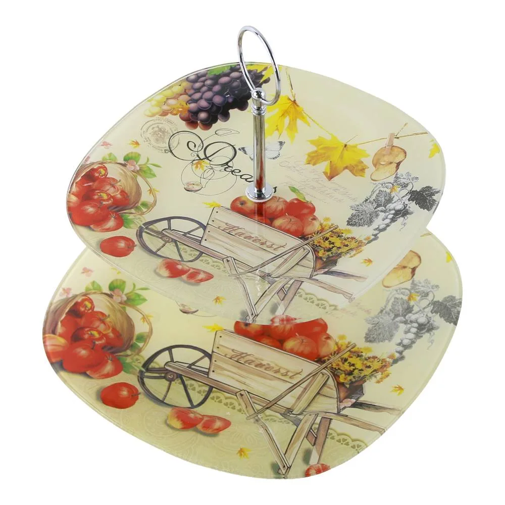 Platou etajat din sticla cu 2 nivele, decor de toamna 25/20 cm