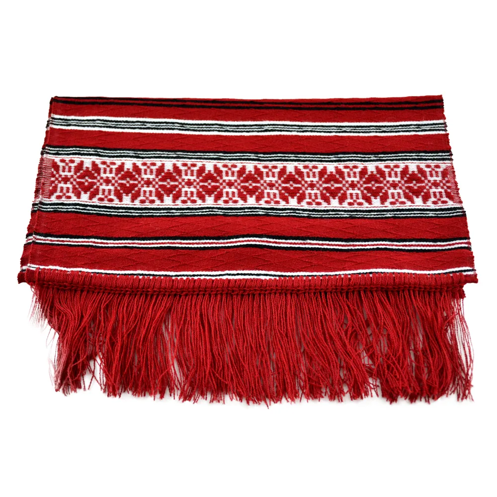 Stergar artizanal traditional 80x40 cm Rosu/Alb/Negru, cu franjuri