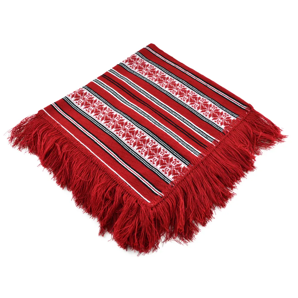 Fata de masa artizanal traditional 80x80 cm, Rosu/Alb/Negru, cu franjuri
