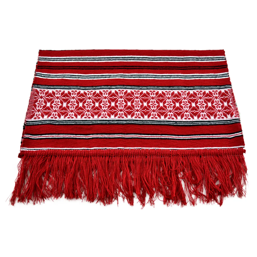 Stergar artizanal traditional 150x47 CM Rosu/Alb, cu franjuri - imagine 2