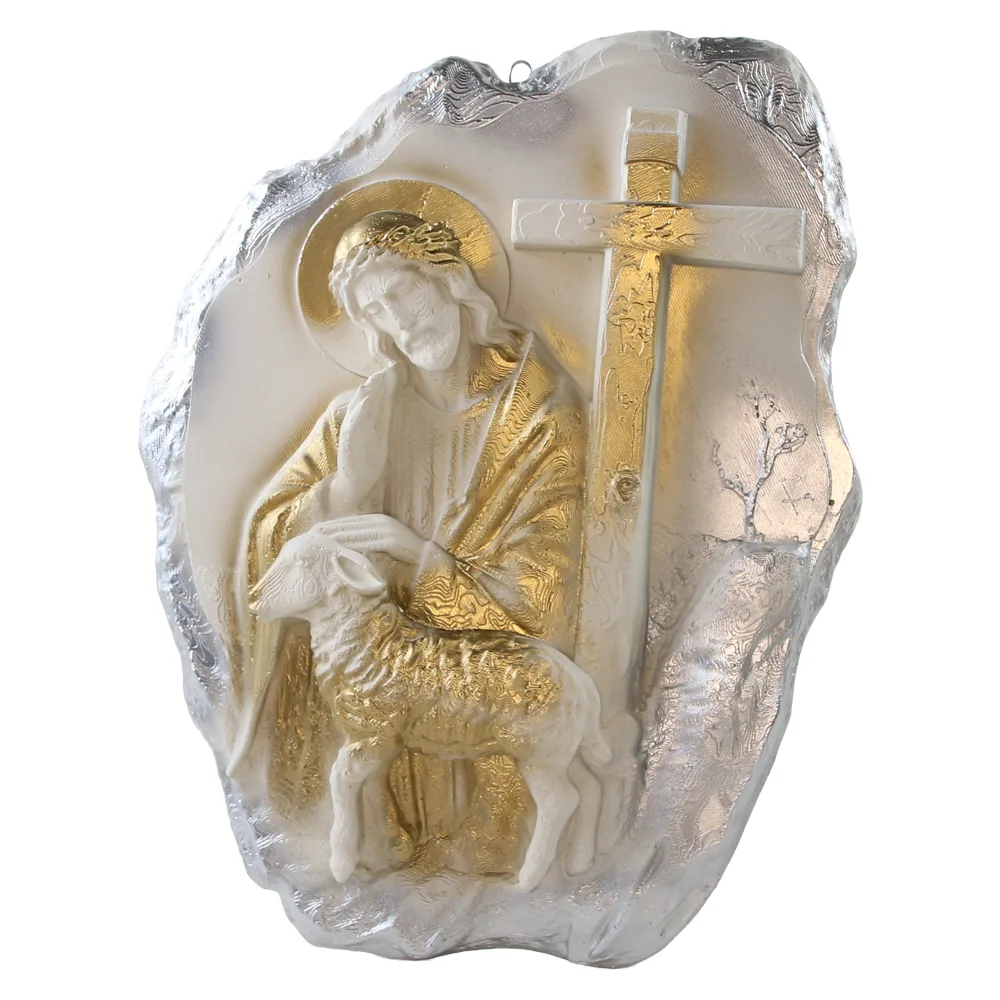 Placheta din ipsos Isus cu miel si cruce 22 x 29 cm, auriu-argintiu