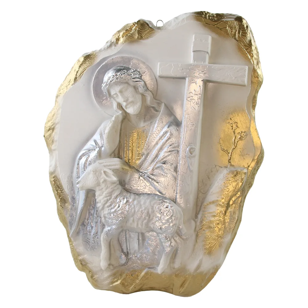 Placheta din ipsos Isus cu miel si cruce 22 x 29 cm, auriu-argintiu - imagine 2