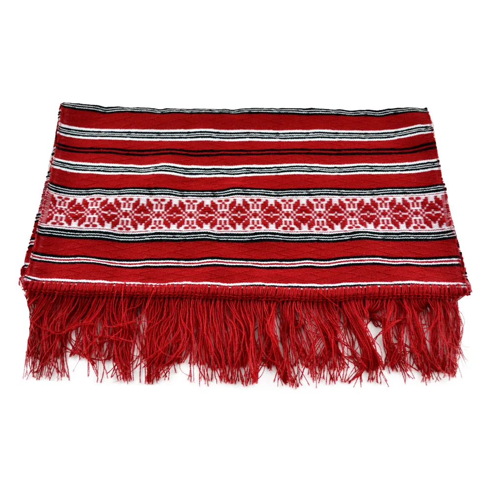 Stergar artizanal traditional 100x45 cm, Rosu/Alb/Negru, cu franjuri