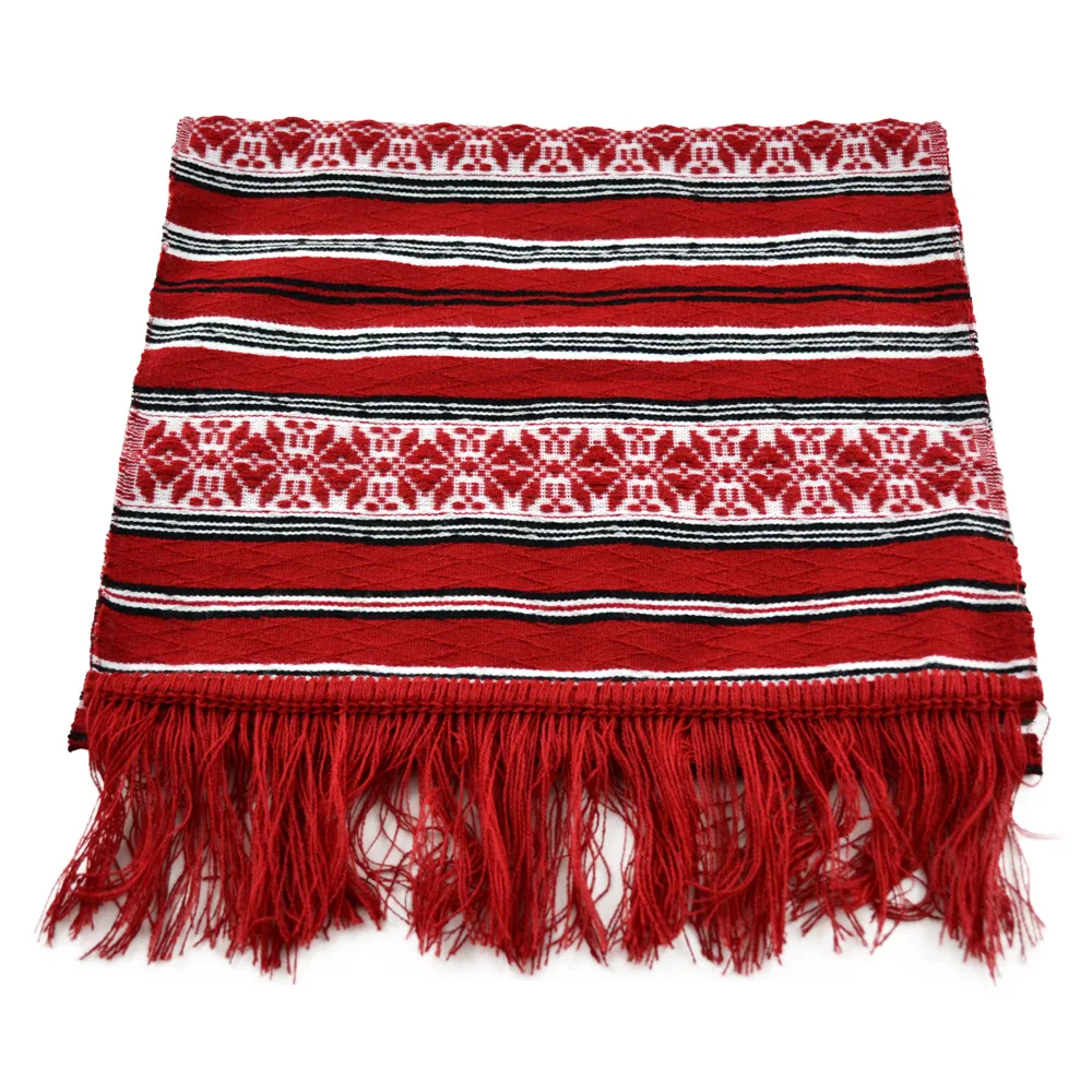 Stergar artizanal traditional 120x40 CM Rosu/Alb/Negru, cu franjuri
