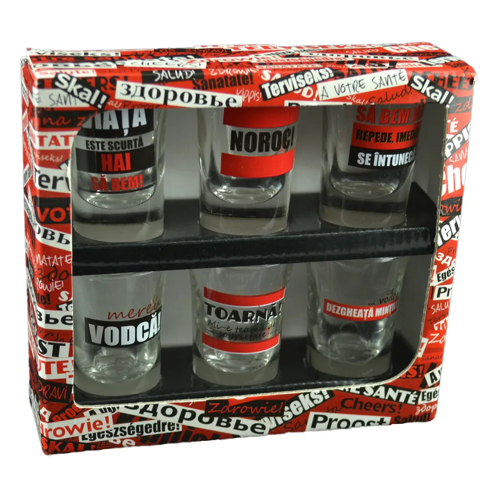 Set 6 pahare shot din sticla "Toasturi", in cutie decorativa
