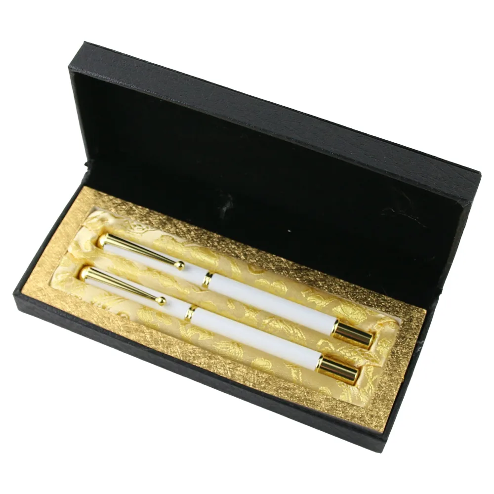 Set elegant stilou si pix in cutie cadou Alb/Auriu 19 x 8 cm