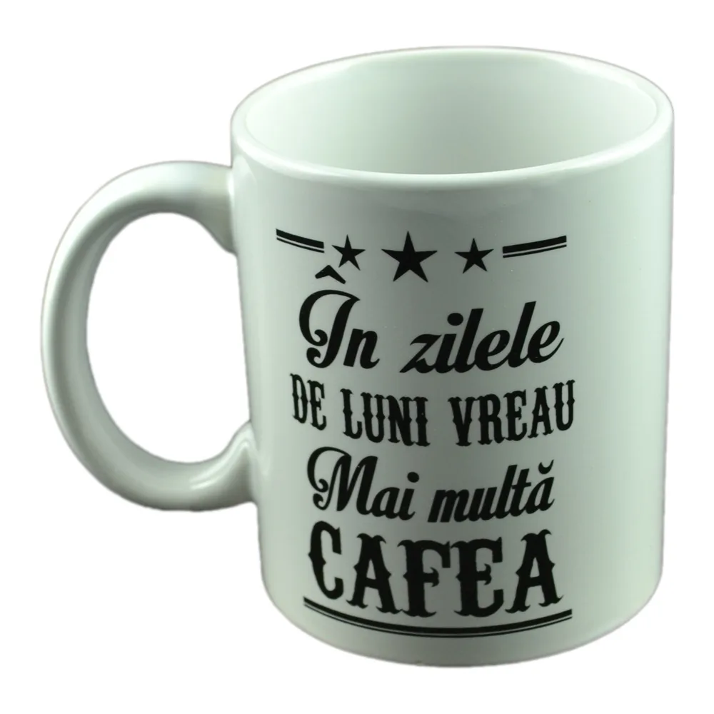 Cana ceramica Boss Mug 300 ml "In zilele de luni vreau de mai multa cafea", in cutie decorativa