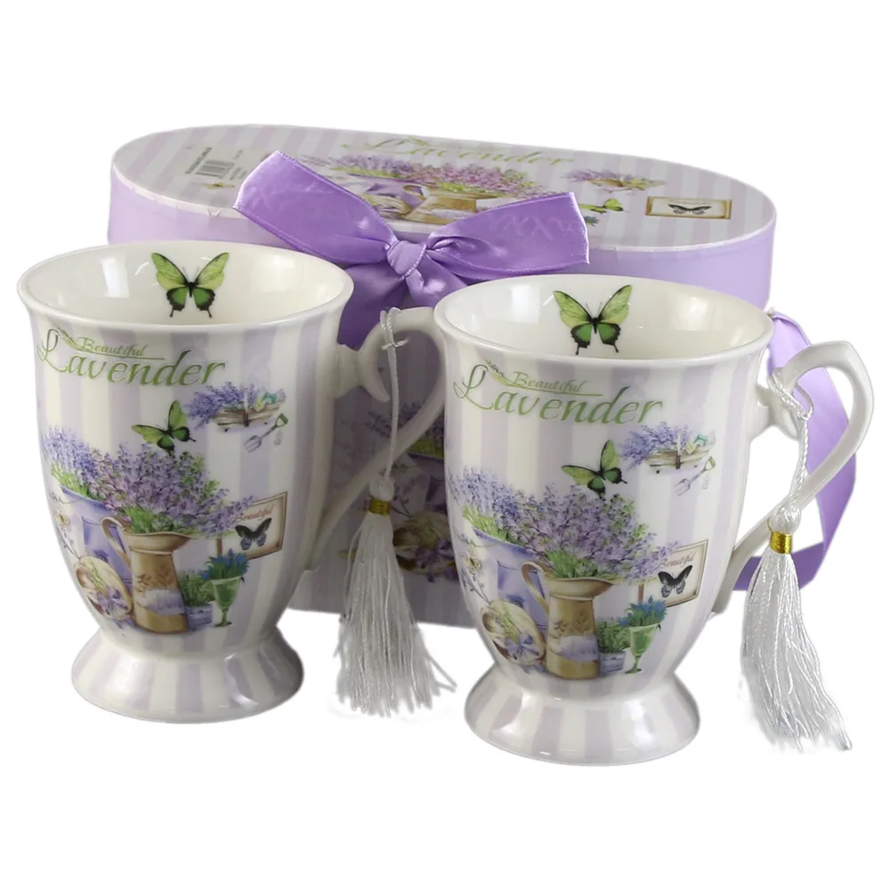 Set 2 cani din ceramica, "Beautiful Lavender", 300 ml, cu franjuri, in cutie cadou, Casuta