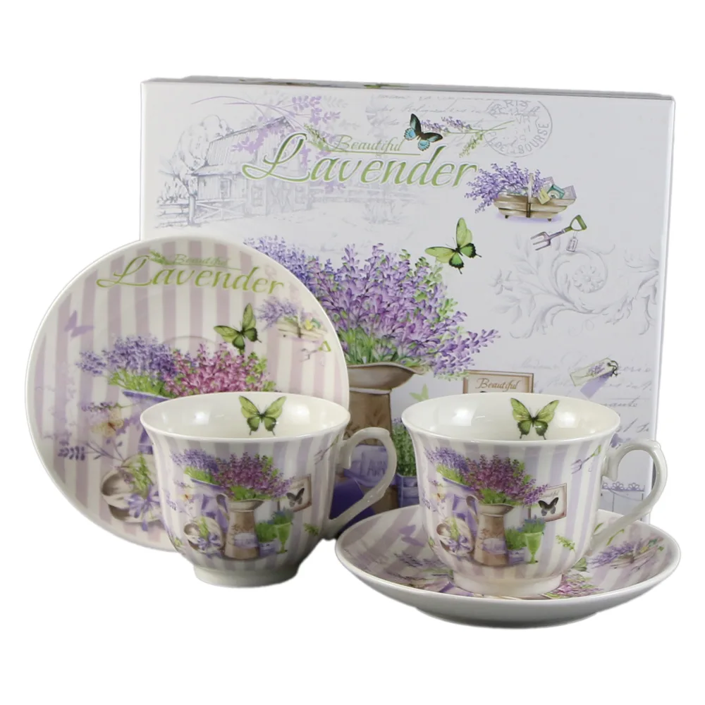 Set 2 cesti din ceramica cu farfurii, "Beautiful Lavender", 150 ml, in cutie cadou