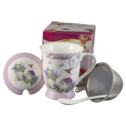 Cana ceramica cu infuzor, capac si lingurita, 300 ml, "Lavender", in cutie cadou, Casuta