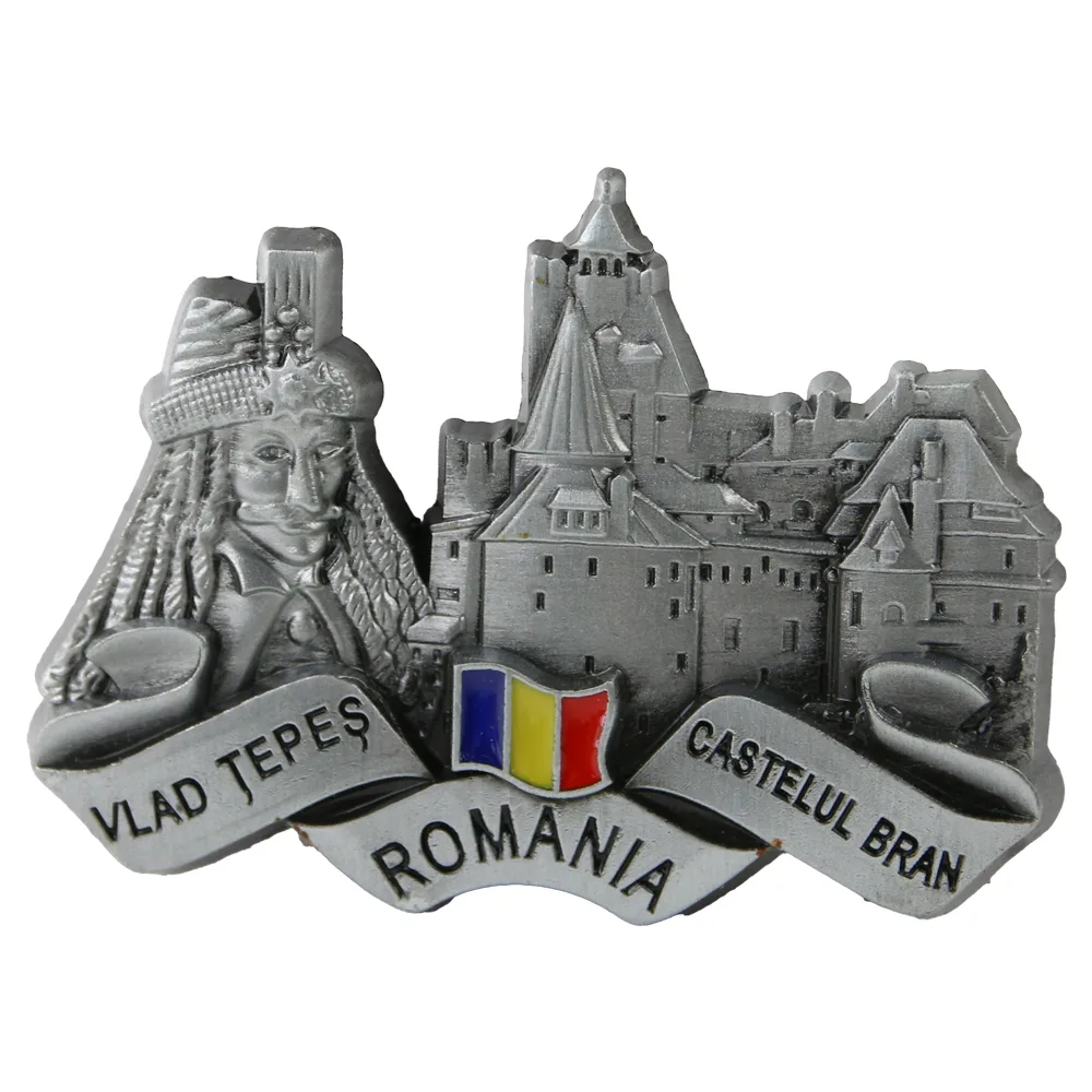 Magnet de frigider metalic 9 x 6 cm, Romania/Vlad Tepes & Castelul Bran