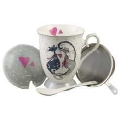 Cana ceramica cu infuzor, capac si lingurita, 300 ml, Pisici indragostite, in cutie cadou,