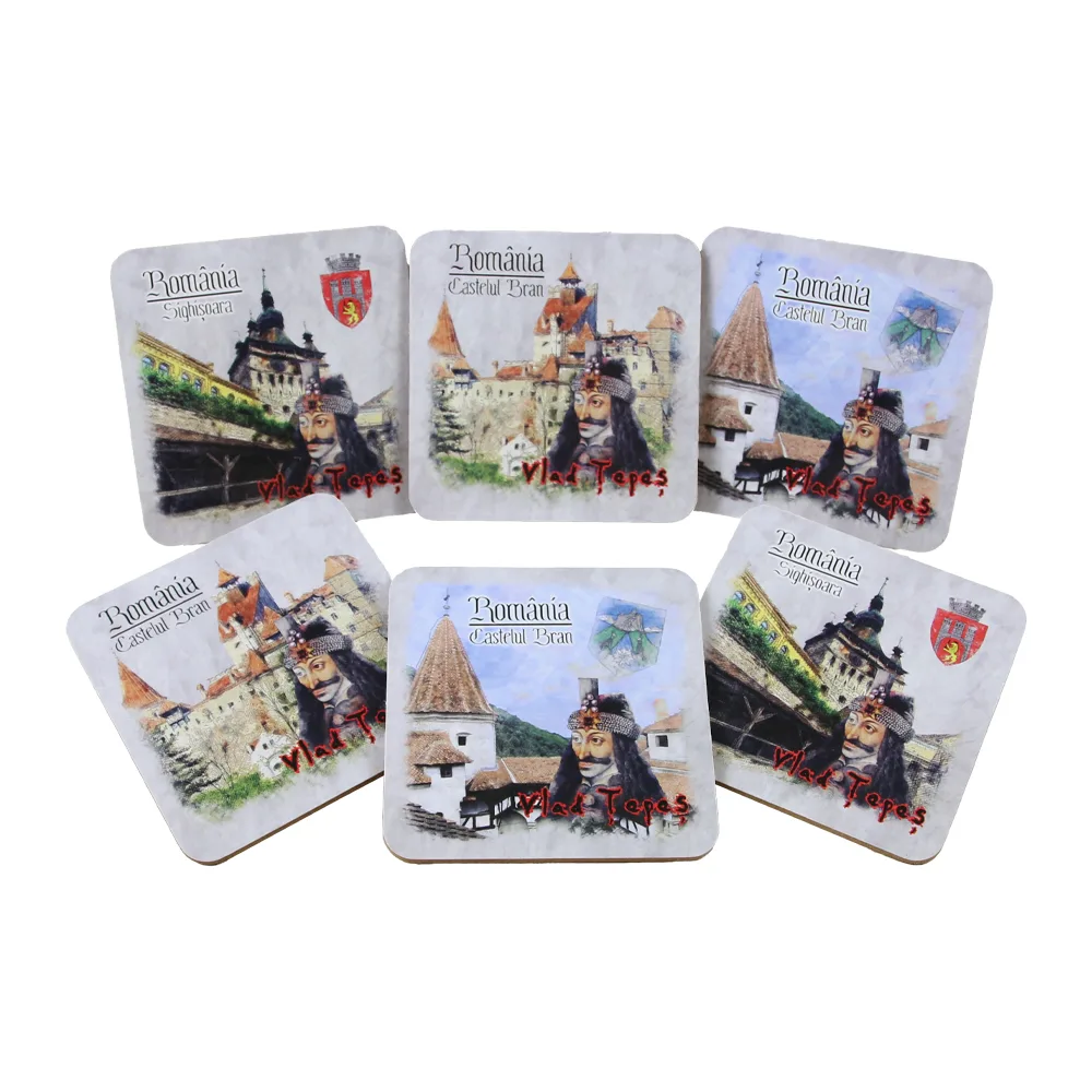Set 6 suporturi pentru pahare din pluta Castelul Bran/Vlad Tepes - 9.5 x 9.5 cm, Romania
