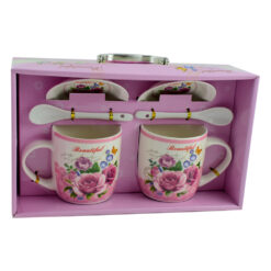 Set cana cu farfurie si lingura realizate din ceramica in cutie - Design cu trandafiri - Diverse modele - imagine 3