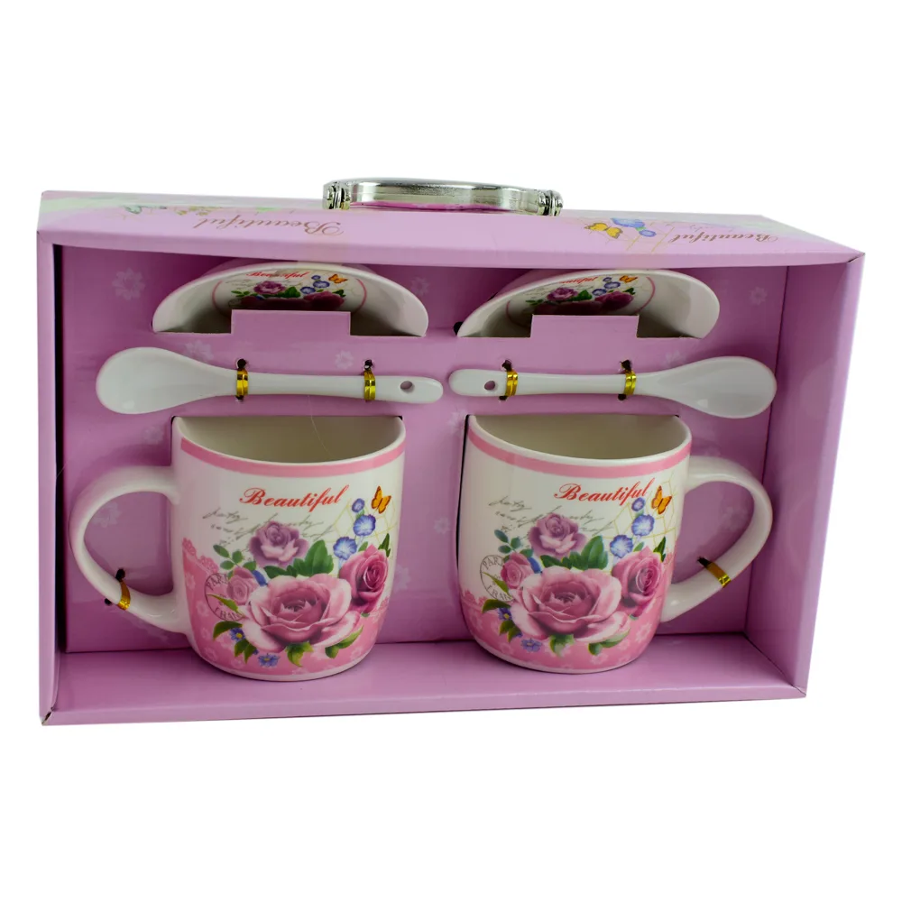 Set cana cu farfurie si lingura realizate din ceramica in cutie - Design cu trandafiri - Diverse modele - imagine 3