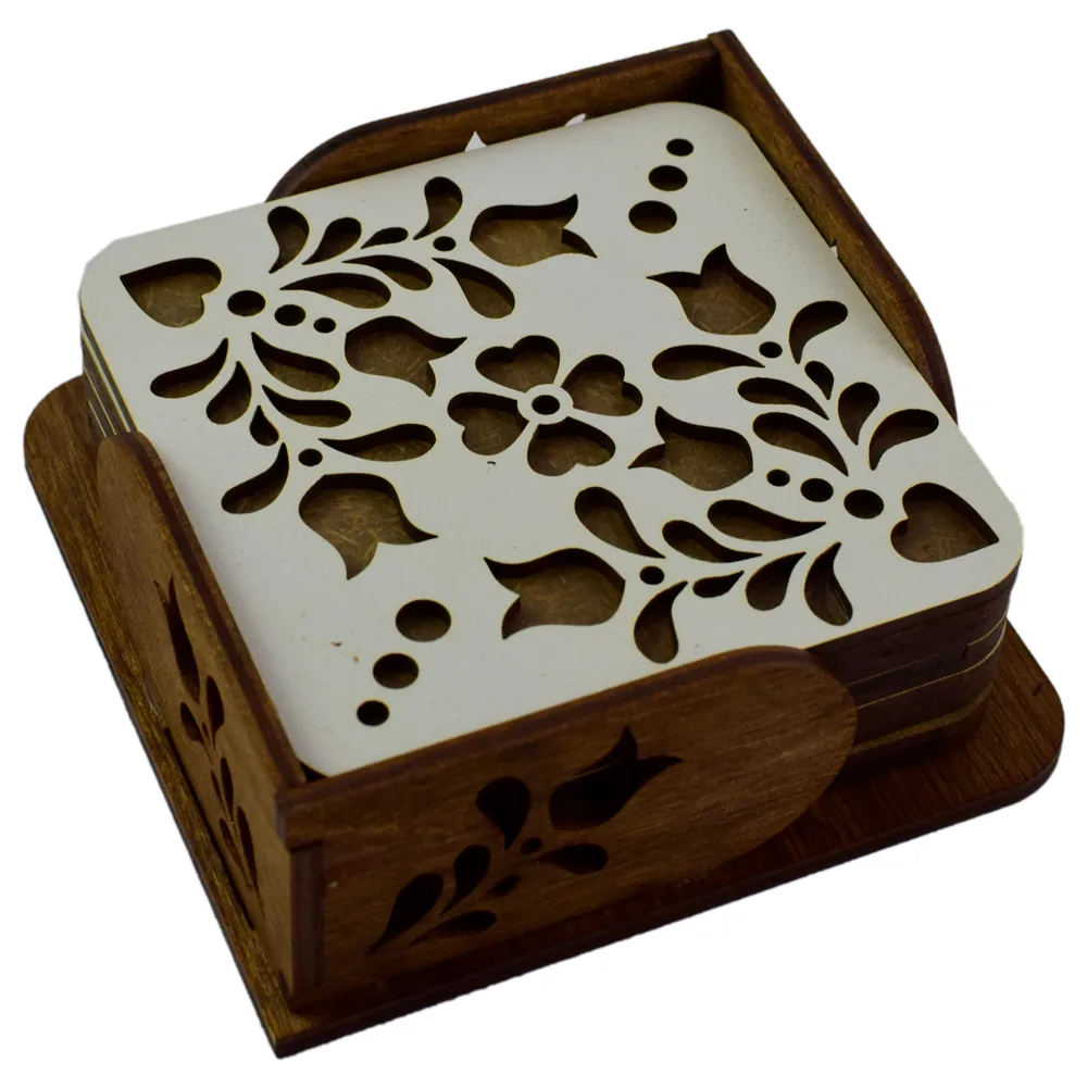 Set 6 suporturi pahare din lemn 10.5 CM, cu flori